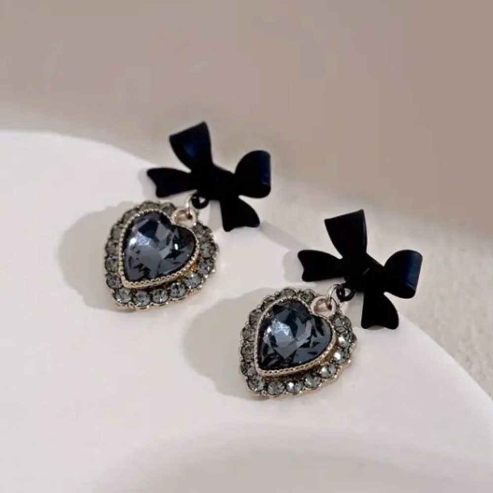 Modcloth Black Bow Heart Crystal Drop Earrings